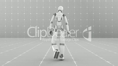 White futuristic robot walking indoor - Back view