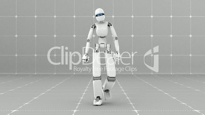 White futuristic robot walking indoor - Front view