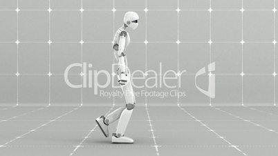 White futuristic robot walking indoor - Side view