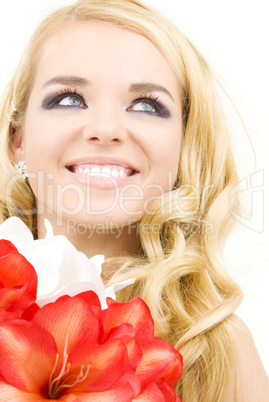 happy woman with lily flowers