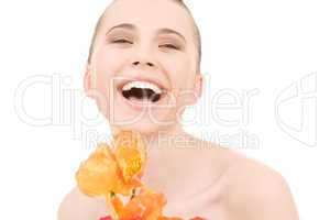 laughing woman with flowers