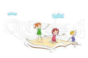 kids flying on book