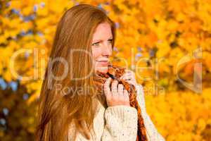 Autumn country sunset - red hair woman