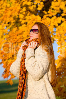 Autumn country sunset - long red hair woman