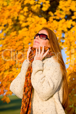 Autumn country sunset -  red hair woman