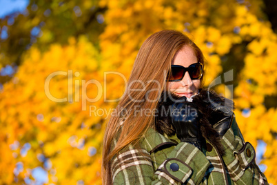 Autumn sunset park - red hair woman fashion