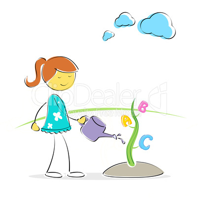 girl watering abc plant