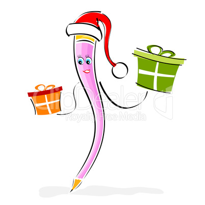 pencil character with santa cap and gifts