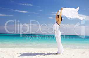 happy woman with white sarong