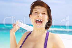 happy woman with white sarong