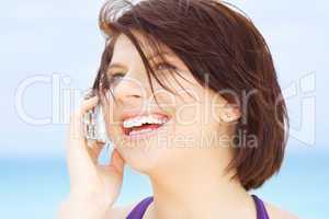 happy woman with white phone