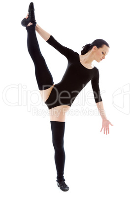 fitness instructor in black leotard