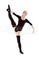 fitness instructor in black leotard