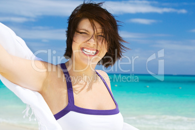 happy woman with white sarong