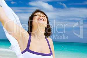 happy woman with white sarong