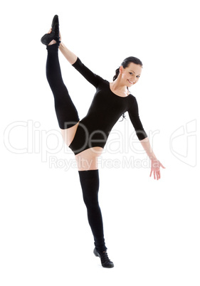 fitness instructor in black leotard