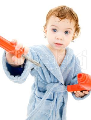 baby boy with toy tools