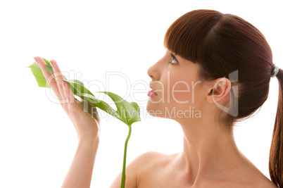 woman with green leaf