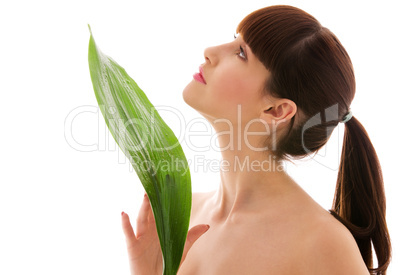 woman with green leaf