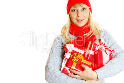 Young woman holding many gift boxes