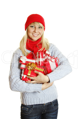 Young woman holding many gift boxes