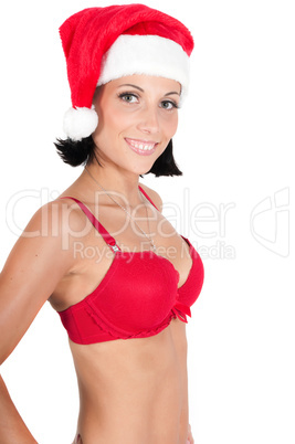 Portrait of beautiful woman in red santa hat