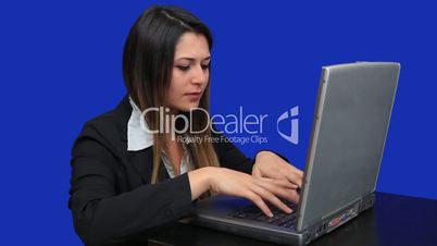 blue screen beautiful business woman girl laptop online marketing talk trade