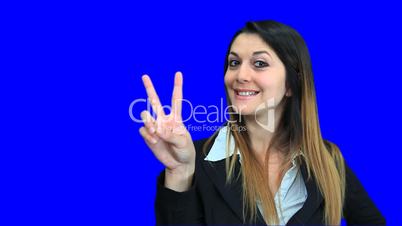 blue screen beautiful business woman girl concept sign victory
