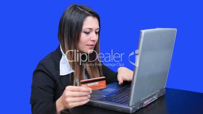 blue screen beautiful business woman girl laptop online marketing credit card