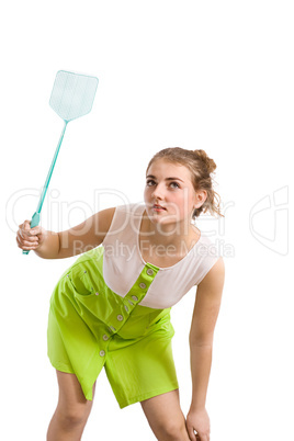 woman with fly swatter