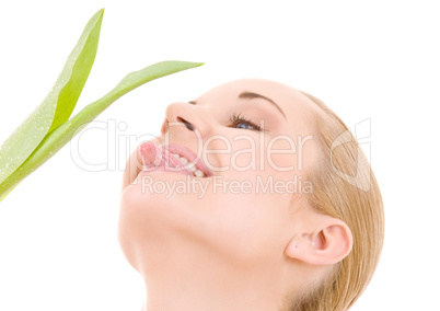 happy woman with green leaf