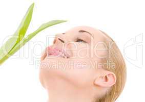 happy woman with green leaf