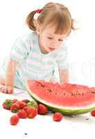 little girl with strawberry and watermelon