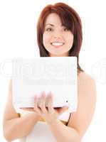 happy woman with laptop computer