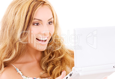 happy woman with laptop computer