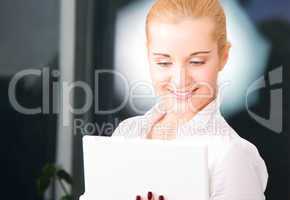 happy businesswoman with laptop computer
