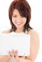 happy woman with laptop computer