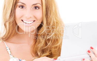 happy woman with laptop computer