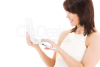 happy woman with laptop computer