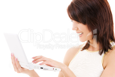 happy woman with laptop computer