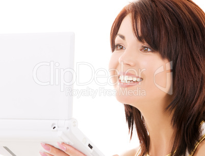 happy woman with laptop computer