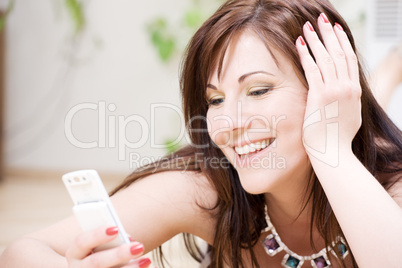 woman with white phone