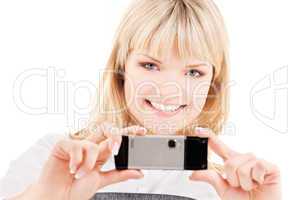 happy woman using phone camera