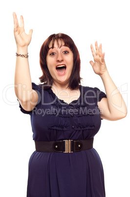 Happy Young Caucasian Woman with Hands in Air on White