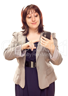 Happy Young Caucasian Woman Texting On Mobile Phone