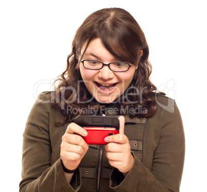 Excited Young Caucasian Woman Texting on Her Mobile Phone