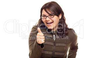 Excited Young Caucasian Woman With Thumbs Up on White
