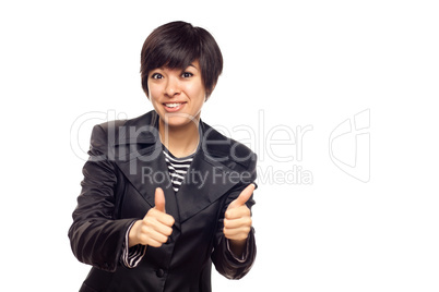 Happy Young Mixed Race Woman With Thumbs Up on White