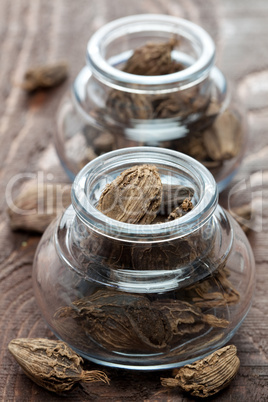 schwarzer Kardamom im Glas / black cardamom in a glass