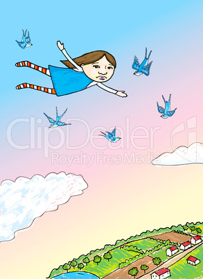 Girl fly with birds